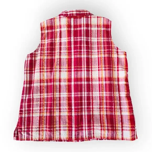 Y2K St Johns Bay Red Orange White Plaid Sleeveless Button Down Top Cotton 2X - Picture 5 of 8